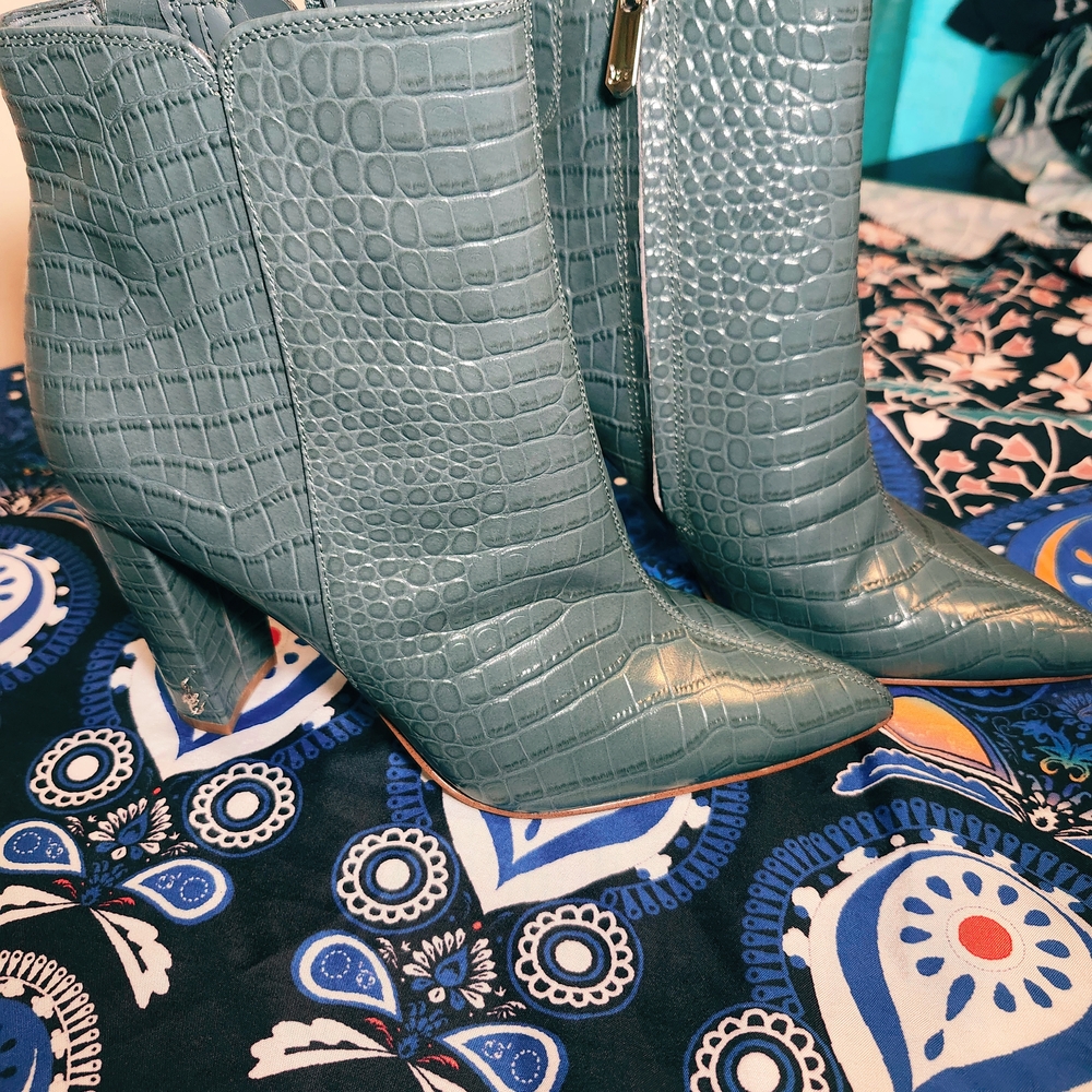Sam Edelman Croc-Embossed Ankle Boots in Gray